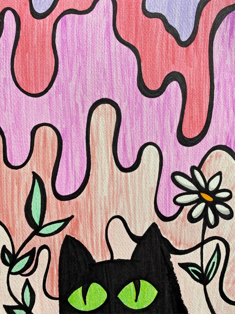 trippy melting black cat art california witchcraft