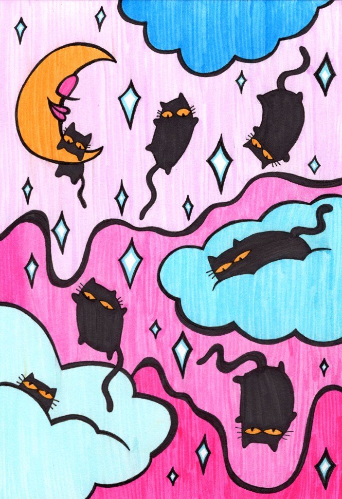 Unicornface psychedelic art of black cats